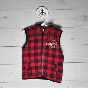 Disney Junior Mickey Buffalo check plaid puffy vest hooded Mickey ears.